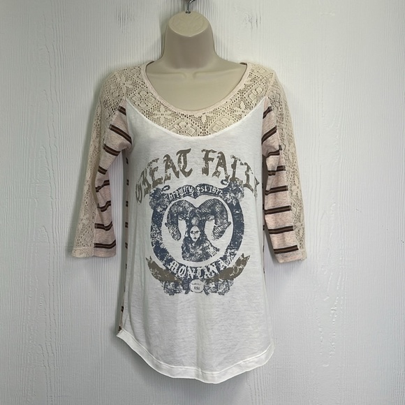 Free People - We The Free Great Falls Montana Stripe Lace Graphic Top Size Small - Picture 2 of 12